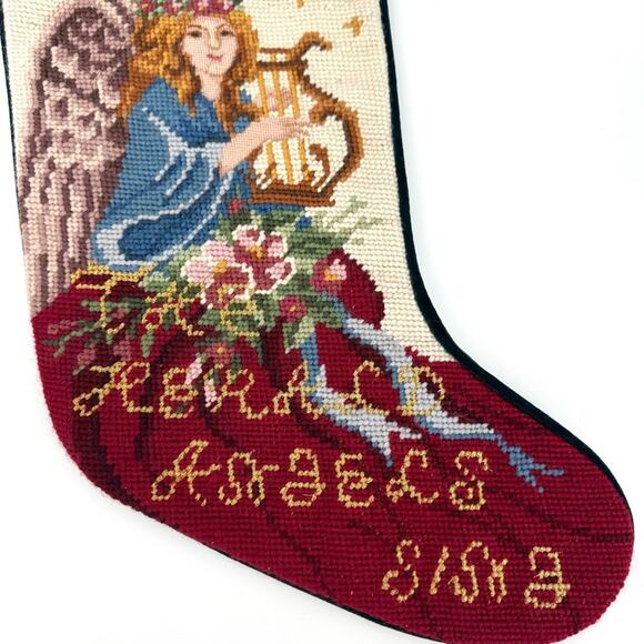 Vintage Hark the Herald Angels Sing Christmas Needlepoint Stocking Velvet Back - Picture 4 of 6
